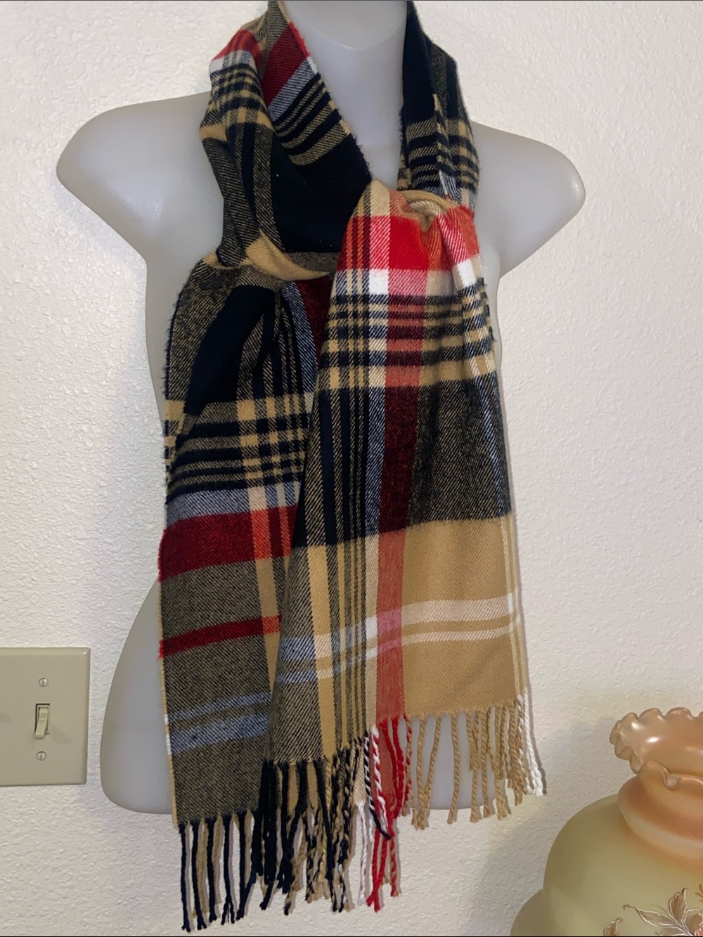 Unisex Plaid Fringe Scarf in Black, Tan & Red - Classic Winter Accessory 70”x12”